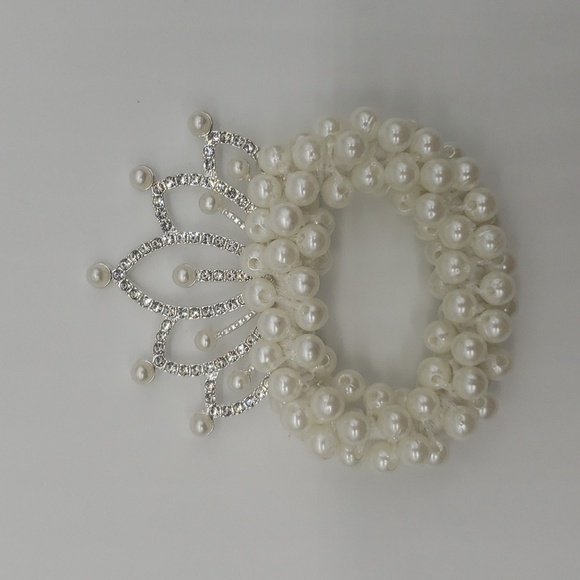 619- Bride Hair Holder Accessorie Faux Pearls Crown Elastic Bands Handmade NWT - Picture 5 of 7